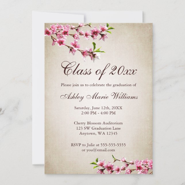 Cherry Blossoms Vintage Tan Graduation Invitation (Front)