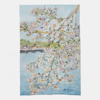 Cherry Blossoms Washington DC Painterly Watercolor Kitchen Towel
