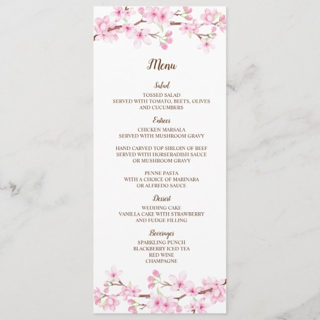 Cherry Blossoms Watercolor Wedding Menu Card (Front)