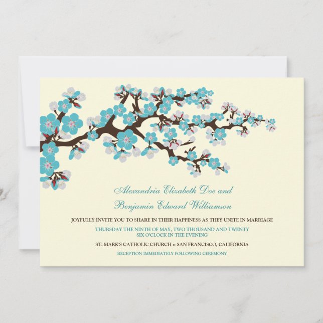 Cherry Blossoms Wedding Invitation (aqua) (Front)