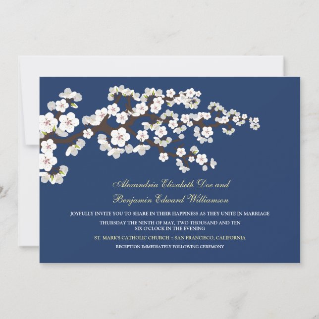 Cherry Blossoms Wedding Invitation (navy blue) (Front)