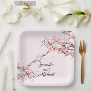 Cherry Blossoms Wedding Reception Personalize Name Paper Plate