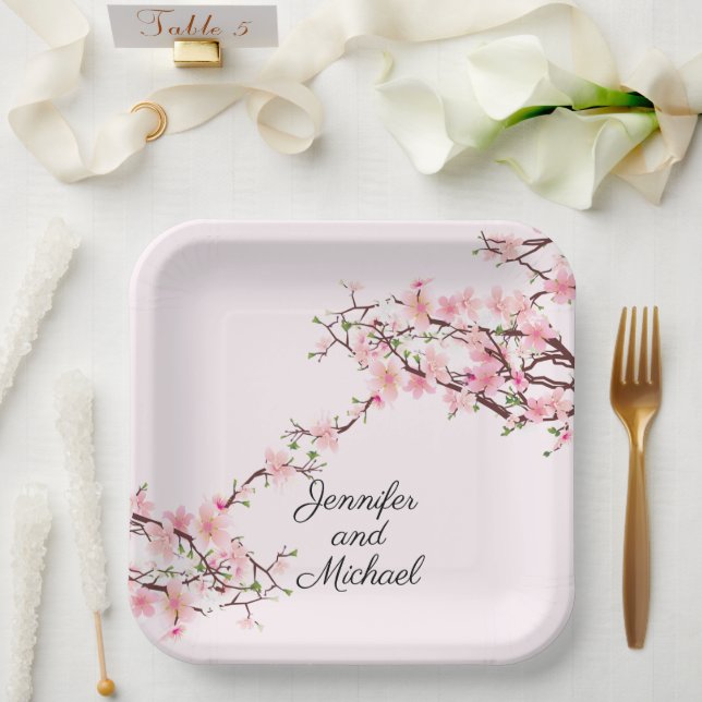 Cherry Blossoms Wedding Reception Personalize Name Paper Plate (Wedding)