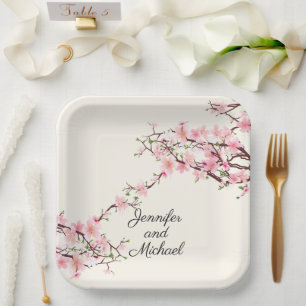 Cherry Blossoms Wedding Reception Personalize Name Paper Plate