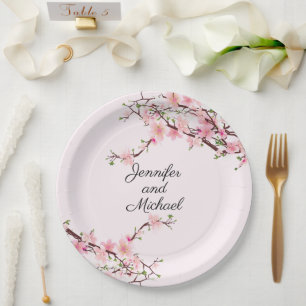 Cherry Blossoms Wedding Reception Personalize Name Paper Plate