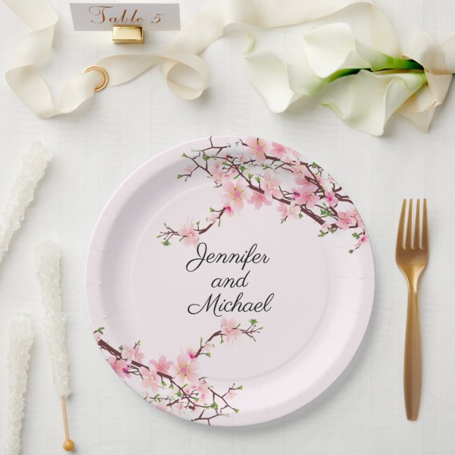 Cherry Blossoms Wedding Reception Personalize Name Paper Plate (Wedding)