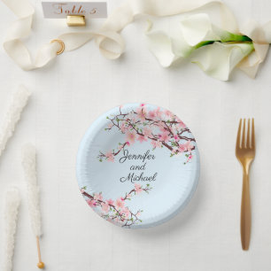 Cherry Blossoms Wedding Reception Personalize Name Paper Plate