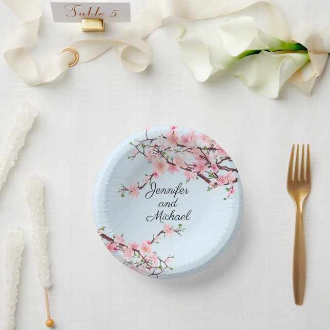 Cherry Blossoms Wedding Reception Personalize Name Paper Plate (Wedding)