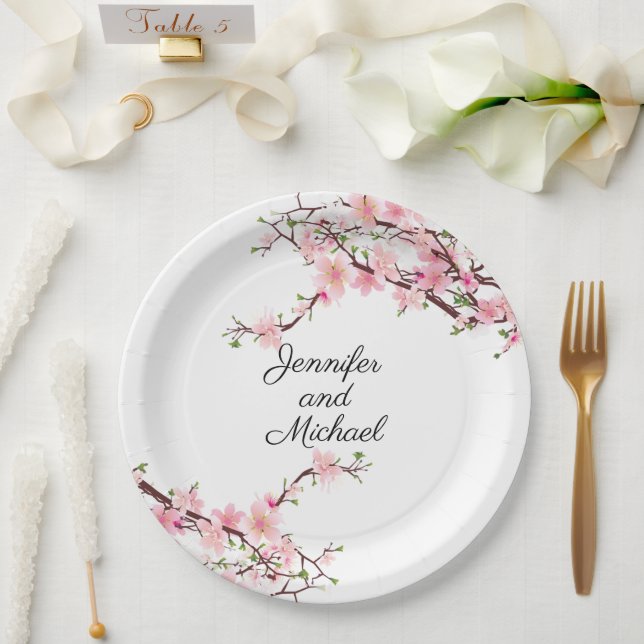 Cherry Blossoms Wedding Reception Personalize Name Paper Plate (Wedding)