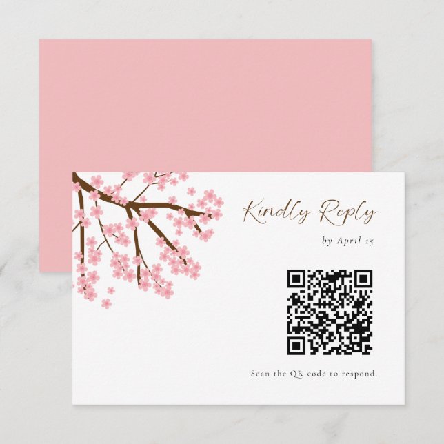 Cherry Blossoms Wedding RSVP QR Code Floral Script (Front/Back)