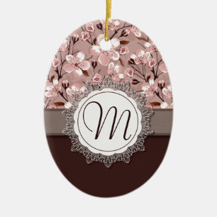 Cherry Blossoms with Lace Monogram Ceramic Ornament