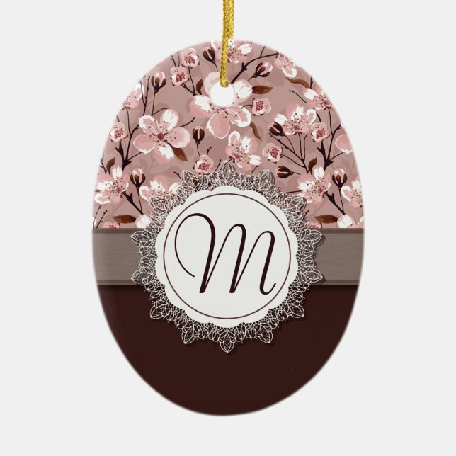 Cherry Blossoms with Lace Monogram Ceramic Ornament (Front)