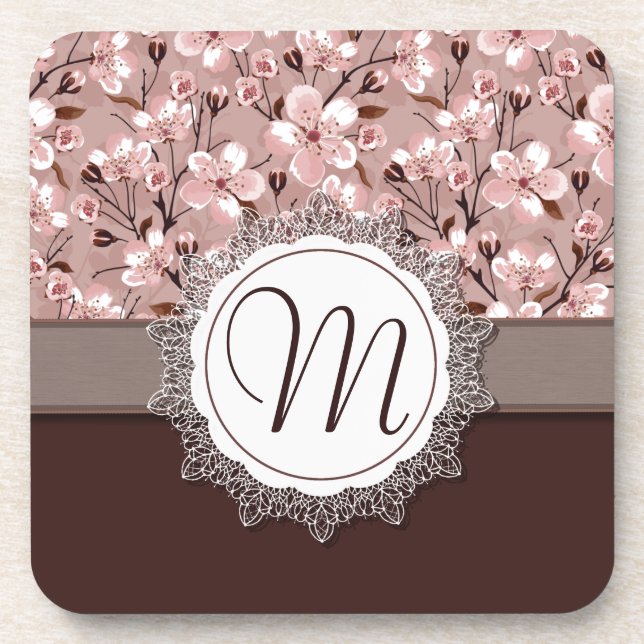 Cherry Blossoms with Lace Monogram Coaster (Front)