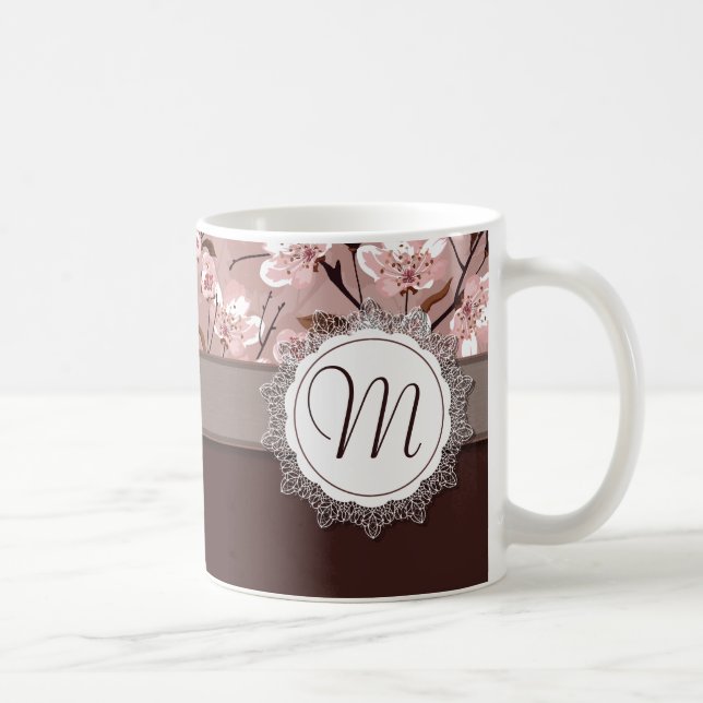 Cherry Blossoms with Lace Monogram Coffee Mug (Right)