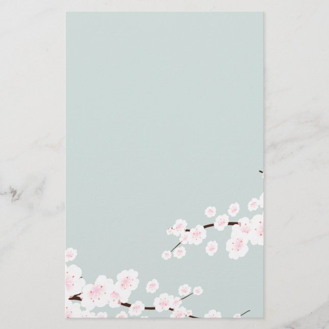 Cherry Blossoms with Mint Green Background Stationery (Front)