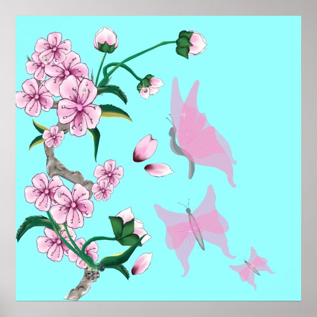 Cherry Blossoms with Pink Butterflies Poster (Front)