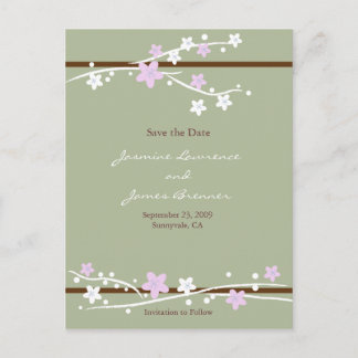 Cherry Blossoms with Ribbon Green Announcement Postcard