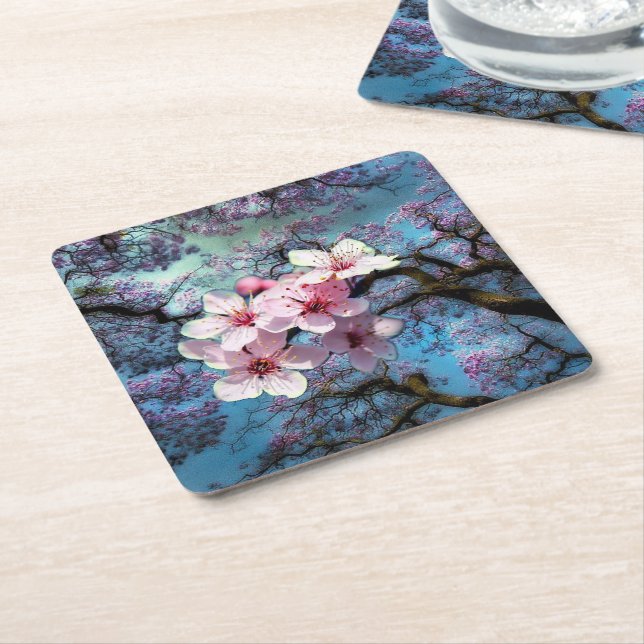 Cherry blossum square paper coaster (Angled)