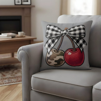 Cherry Bomb Camo & Plaid Faux-Embroidery Throw Pillow
