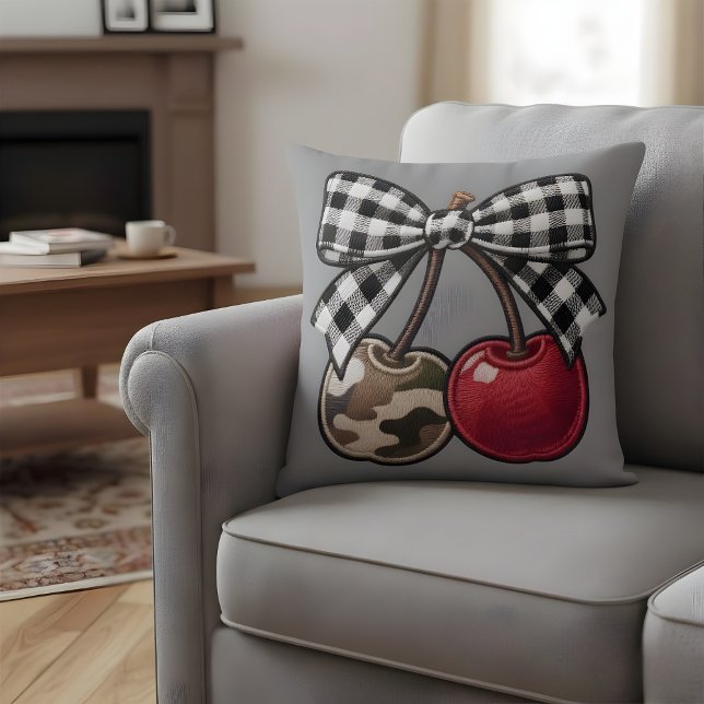 Cherry Bomb Camo & Plaid Faux-Embroidery Throw Pillow (Creator Uploaded)