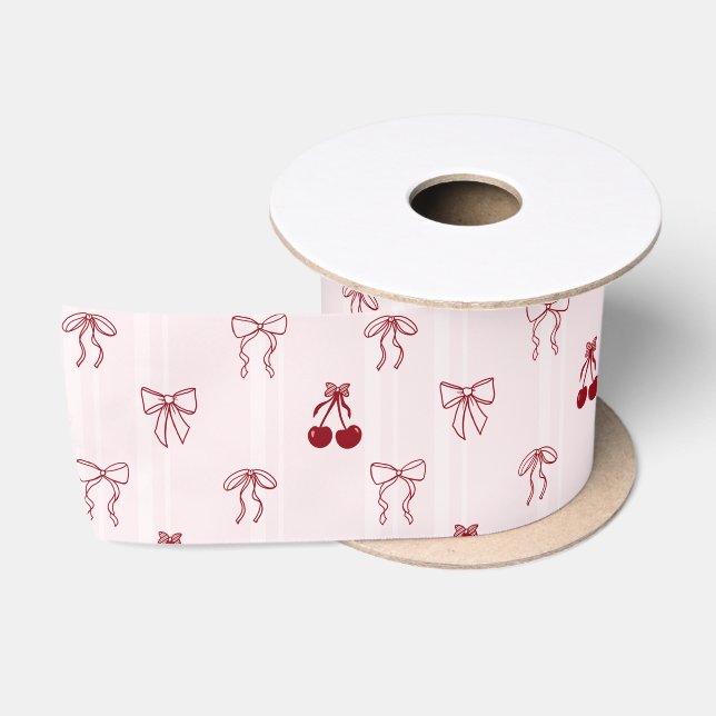 Cherry Bow Coquette Pink Gift Cute Pattern Satin Ribbon (Spool)