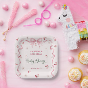 Cherry Bow Girl Baby Shower  Paper Plate