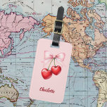 Cherry bow pink name luggage tag<br><div class="desc">Red cherries with pink bow. Soft pink background. Personalize and add your name. 

Back: add your contact information</div>