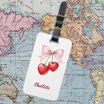 Cherry bow pink name luggage tag<br><div class="desc">Red cherries with pink bow.  Personalize and add your name. 

Back: add your contact information</div>