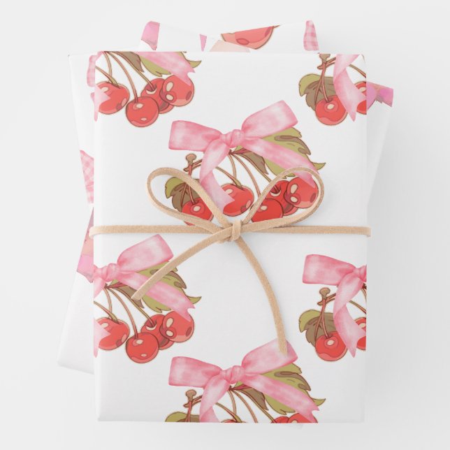 Cherry Bows Wrapping Paper Sheet Set of 3 (In situ)