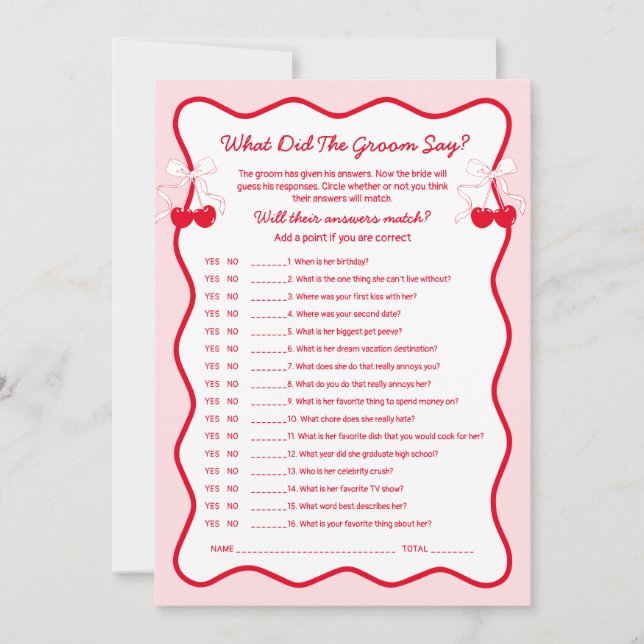 Cherry Bridal Shower What Did the Groom Say Game Invitation (Front)