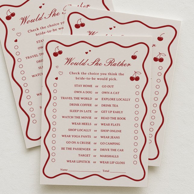 Cherry Bridal Shower Would She Rather Game Card (Creator Uploaded)