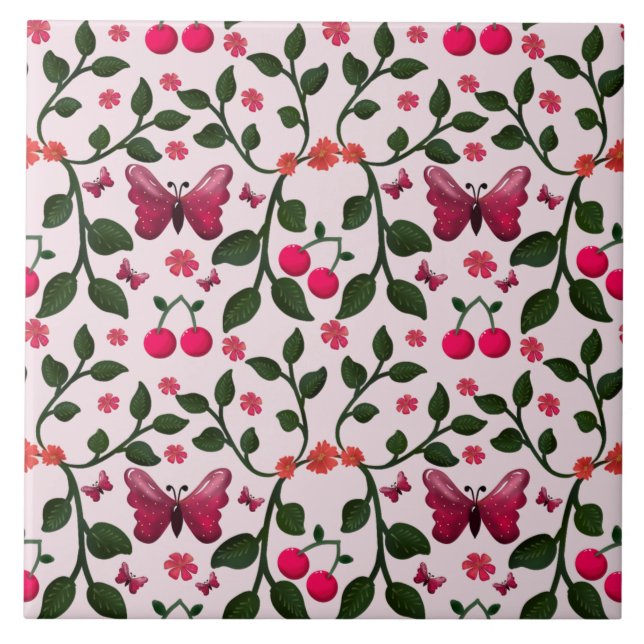 Cherry Butterfly Floral Seamless Pattern  Tile (Front)
