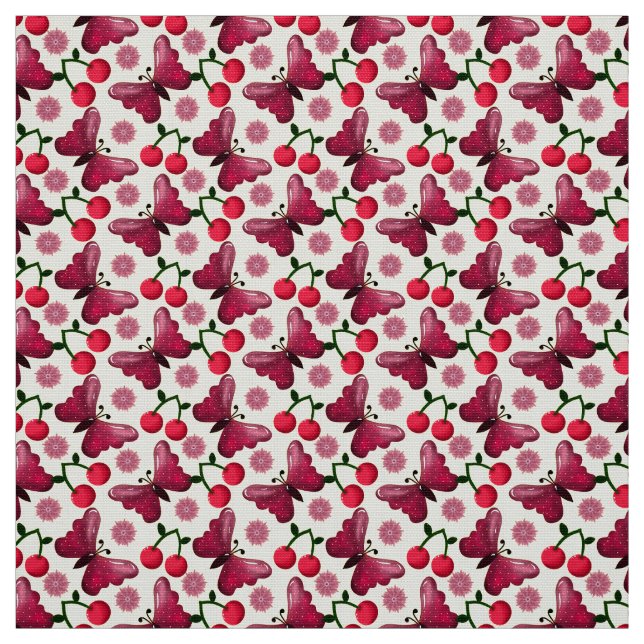 Cherry Butterfly Kawaii Seamless Pattern Fabric (Swatch)