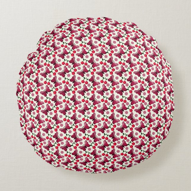 Cherry Butterfly Kawaii Seamless Pattern Round Pillow (Front)