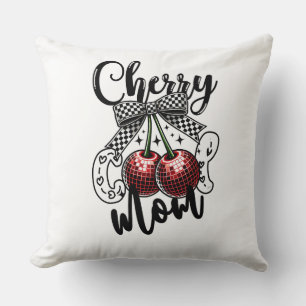 Cherry Cool Mom Red Disco Cherries Chequered Bow Throw Pillow
