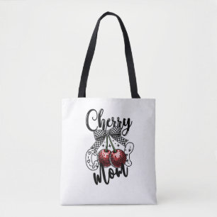 Cherry Cool Mom Red Disco Cherries Chequered Bow Tote Bag