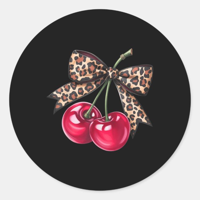 Cherry Coquette Aesthetic With Leopard Bow T-shirt Classic Round Sticker (Front)