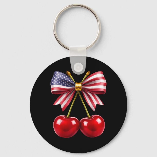 Cherry Coquette Bow American Flag Patriotic 4th of Keychain (Front)