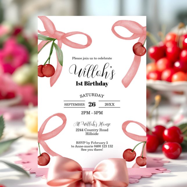 Cherry Coquette Bows Anniversaire Invitation (Coquette Cherry 1st Birthday Invitation Cherry Birthday Invitation Bows and Cherries)