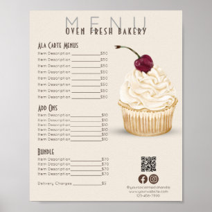 Cherry Cupcake Beige Menu Bakery Price List Poster
