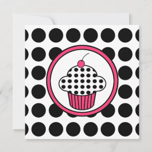 Cherry Cupcake Invitation Polka Dot /Pink & Black