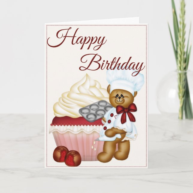 Cherry Cupcake w/Bear Baker Happy Birthday Card (Front)