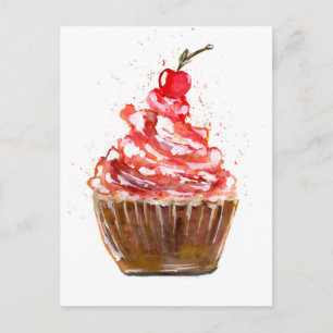 Cherry Cupcake Watercolor Postcard