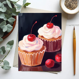 Cherry Cupcakes   Celebration Watercolor Painting Postcard
