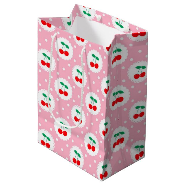 Cherry Dot Pattern – Retro Fruit Gift & Decor Medium Gift Bag (Front Angled)