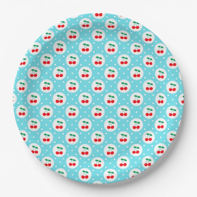 Cherry Dot Pattern – Retro Fruit Gift & Decor Paper Plate (Front)
