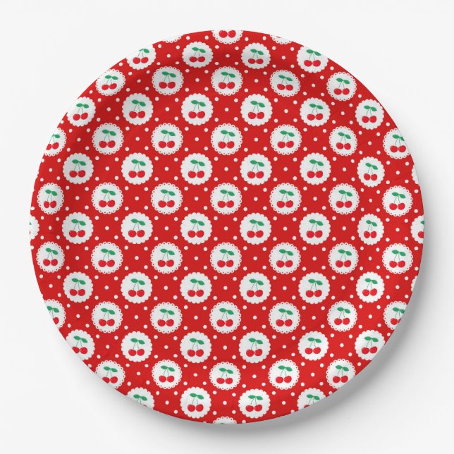 Cherry Dot Pattern – Retro Fruit Gift & Decor Paper Plate (Front)