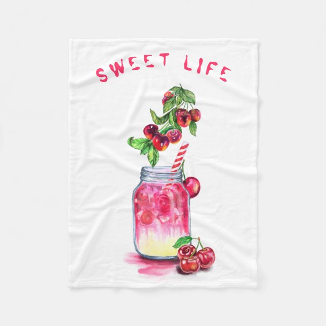 Cherry Drink Fruits Fleece Blanket - Custom Text (Front)