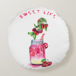 Cherry Drink Round Pillow - Custom Text