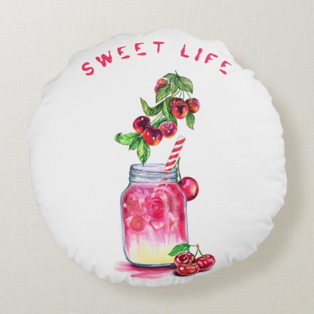 Cherry Drink Round Pillow - Custom Text (Back)